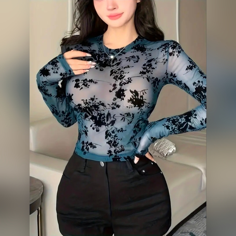 Womens Floral Mesh Long Sleeve Top